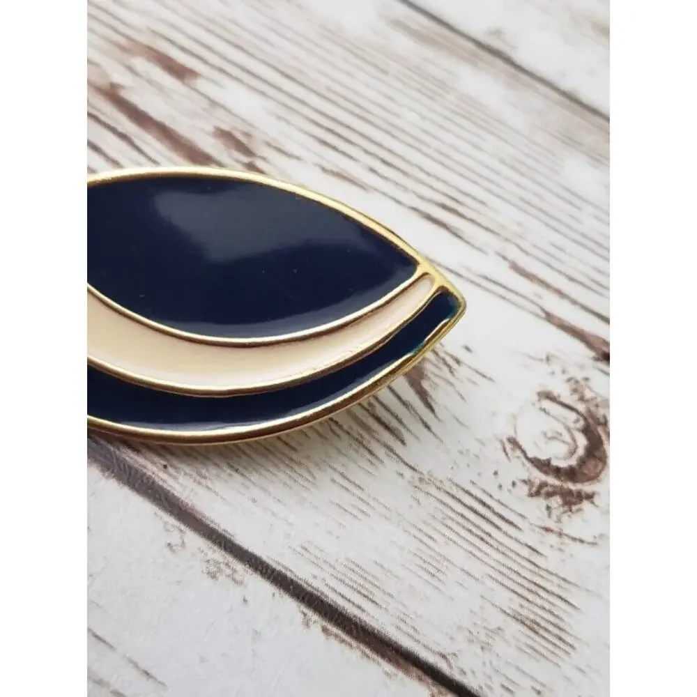 Vintage Clip On Earrings - Navy Blue, Gold Tone, Cream - Statement Earrings